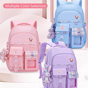 Myyunhx Backpack for Girls 17Inch Large Capacity Girl School Backpack for kid with Plush Cartoon Pendant and Decorative Card (Purple)