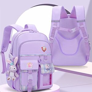 Myyunhx Backpack for Girls 17Inch Large Capacity Girl School Backpack for kid with Plush Cartoon Pendant and Decorative Card (Purple)