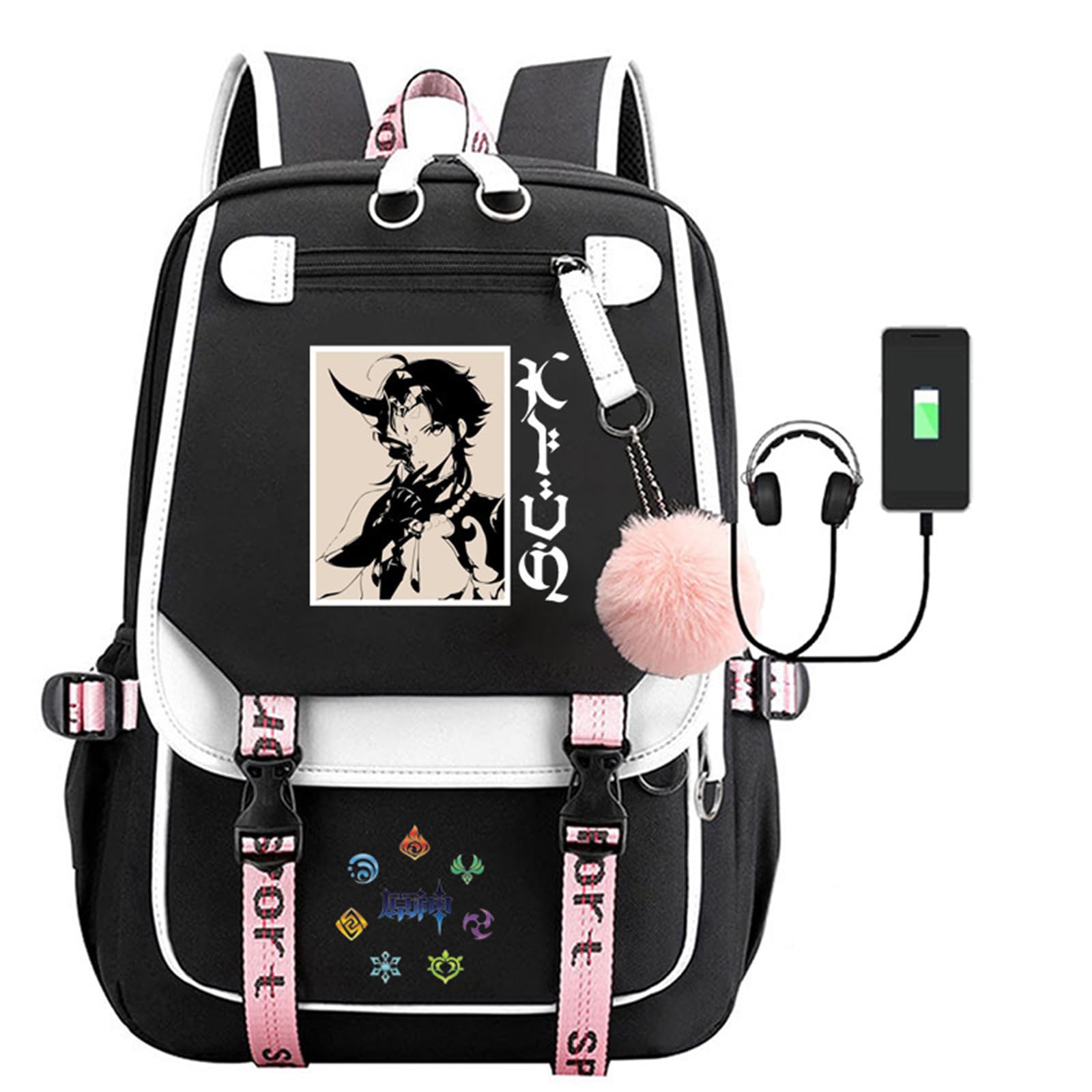 RICHSAIKOU Genshin Backpack Anime Impact Outdoor Dayback Cartoon Laptop Bag 21L Travel Bag with USB Charge Port Hutao Xiao (F)