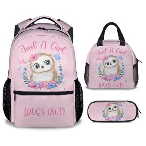 unikitty owl backpack with lunchbox, set of 3 school backpacks matching combo, cute pink bookbag and pencil case bundle