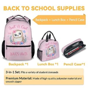 UNIKITTY Owl Backpack with LunchBox, Set of 3 School Backpacks Matching Combo, Cute Pink Bookbag and Pencil Case Bundle