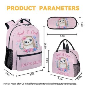 UNIKITTY Owl Backpack with LunchBox, Set of 3 School Backpacks Matching Combo, Cute Pink Bookbag and Pencil Case Bundle
