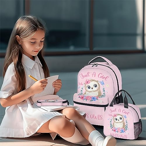 UNIKITTY Owl Backpack with LunchBox, Set of 3 School Backpacks Matching Combo, Cute Pink Bookbag and Pencil Case Bundle