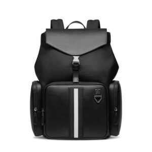 reign lore black 17" backpack, premium saffiano leather backpack with silver accents, expandable top & cushioned back, fits 15.6" laptop perfect for business, travel, and everyday use