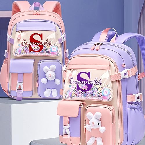 Wellhoope Kawaii Big Capacity Backpack Personalized Name Cute Aesthetic Backpack Bunny Outdoor Daypack Casual Travel Bag Laptop Backpack Pink Blue Black Purple Green