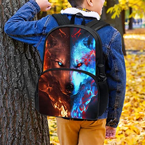 DMOYALA Cool Boys Backpack Fire and Ice Wolf Backpacks Girls Wolf School Bookbag Wolf School Bag Casual Lightweight School Backpack 17 Inch Backpack for 8-12