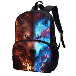 DMOYALA Cool Boys Backpack Fire and Ice Wolf Backpacks Girls Wolf School Bookbag Wolf School Bag Casual Lightweight School Backpack 17 Inch Backpack for 8-12