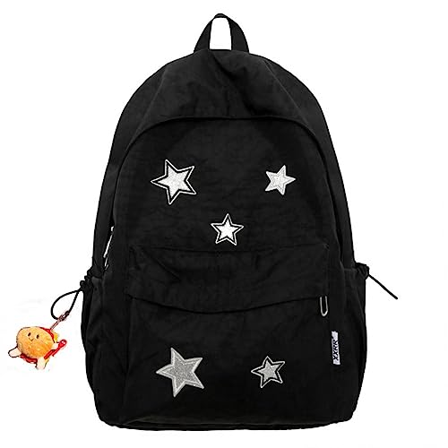 etnoreun Kawaii Backpack with Cute Accessories, Star Patterns, and Durable Nylon Material (Black 1)