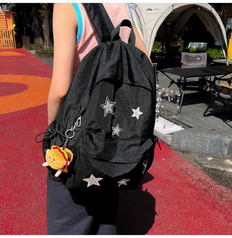 etnoreun Kawaii Backpack with Cute Accessories, Star Patterns, and Durable Nylon Material (Black 1)