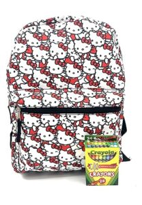 hello kitty 16" all over print backpack with 24pk crayola crayons, school bag for kids with adjustable padded shoulder straps and zipper closure