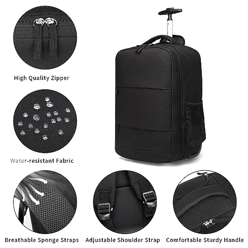 Rolling Backpack,Travel Backpack with Wheels Roller Backpack Wheeled Laptop Backpack Business Backpack Carry on Backpack Flight Approved Fits 17 inch Laptop Backpack with Wheels for Women Men-Black