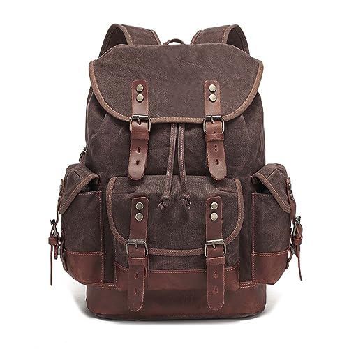 Jahomieo Vintage Canvas Leather Backpack for Men Casual Hiking Rucksack 15.6" Laptop Backpacks