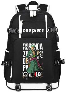 roffatide anime one piece laptop backpack with usb charging port & headphone port roronoa zoro rucksack with printed backpack for men women graphic travel backpack