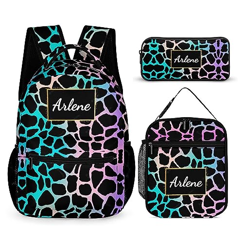 Wellhoope Custom Name Backpack 3PCS Set Cow Print Aesthetic Backpack Lunch Bag Pen Case 3 IN 1 Outdoor Daypack Travel Bag Double Shoulder Laptop Bag Climbing Backpack