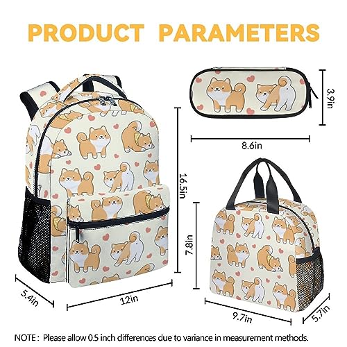 UNIKITTY Shiba Inu Backpack with LunchBox, Set of 3 School Backpacks Matching Combo, Cute Yellow Bookbag and Pencil Case Bundle