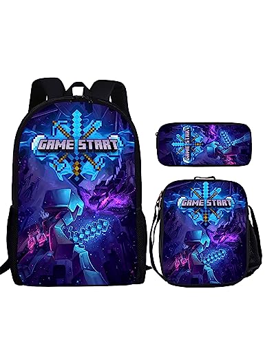 WASHLA Game Cartoon Backpack, Anime Casual Backpack Travel 16 Inch Backpack with Lunch Box Pencil Case 3pcs Blue