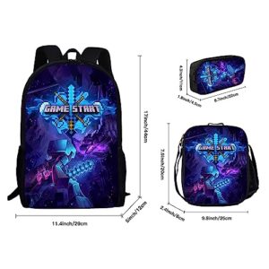 WASHLA Game Cartoon Backpack, Anime Casual Backpack Travel 16 Inch Backpack with Lunch Box Pencil Case 3pcs Blue