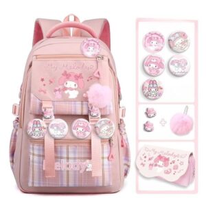 kawaii backpack with 9pcs accessories anime cartoon bag 16 inch anti-theft travel aesthetic season gifts backpack (pink)