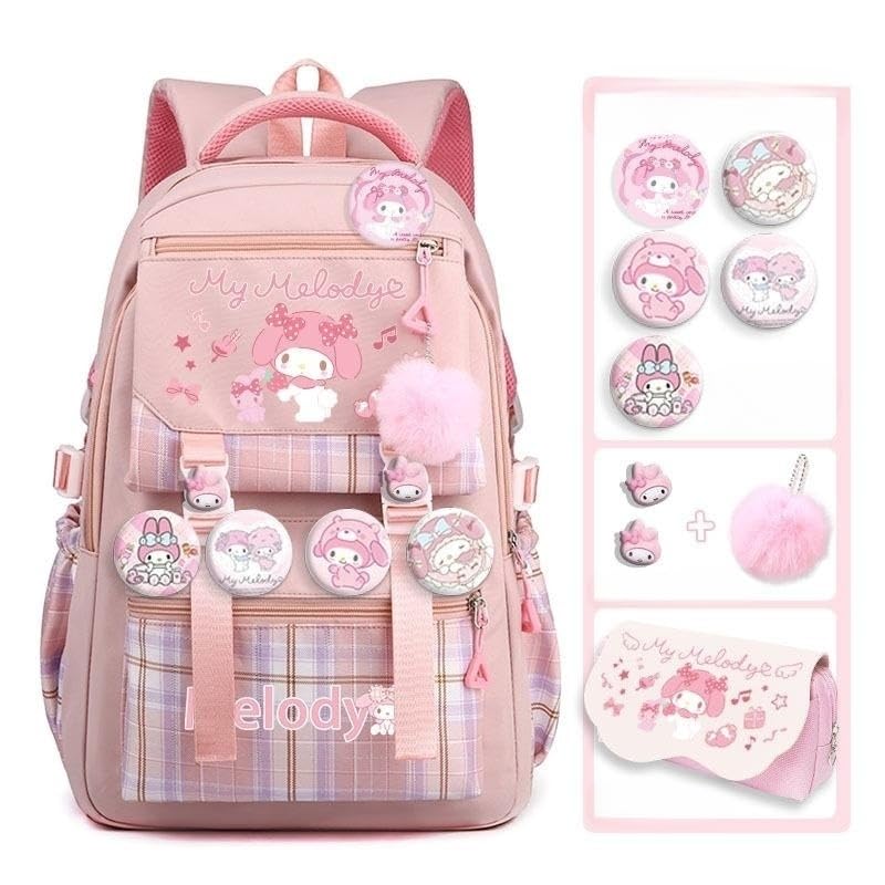 Kawaii Backpack with 9Pcs Accessories Anime Cartoon Bag 16 Inch Anti-Theft Travel Aesthetic Season Gifts Backpack (pink)