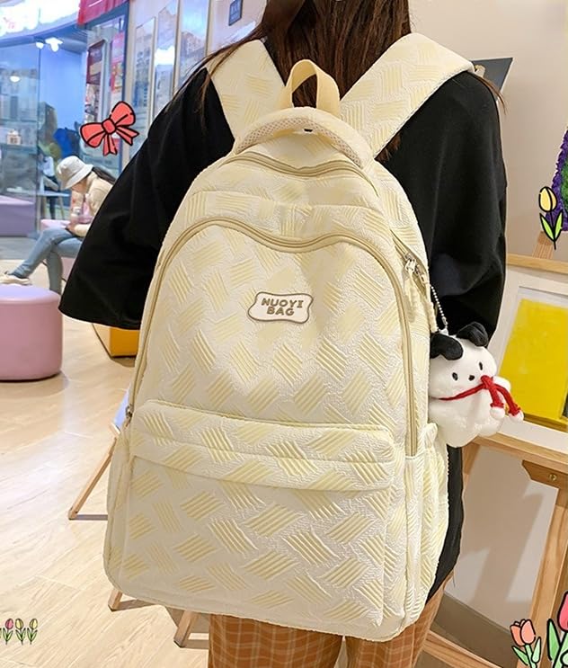 IECSHDU Kawaii Aesthetic Laptop Backpack Large Capacity Emboss Textured Casual Daypack Cute Plush Pendant Simple Laptop Bag (Yellow)