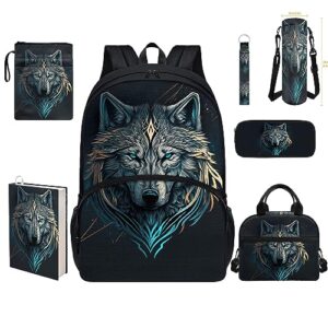 dmoyala tribal wolf backpack for boys bookbag with lunch box for girlsteen school bag middle high school backpack pencil pouch lunchbag book case book covers water bottle holder keychain all in one