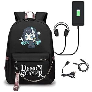 SodaMeow Demon Backpack Nezuko Anime Slayer Bag Kimetsu no Yaiba Kawaii Backpack with USB Charging Port, Free Keychain (A-Muichiro)