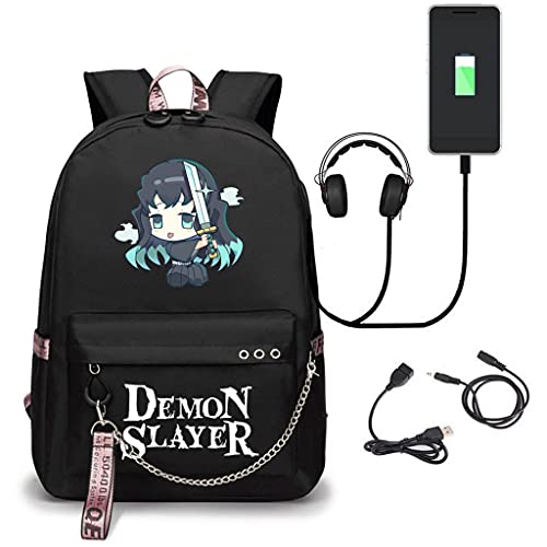 SodaMeow Demon Backpack Nezuko Anime Slayer Bag Kimetsu no Yaiba Kawaii Backpack with USB Charging Port, Free Keychain (A-Muichiro)