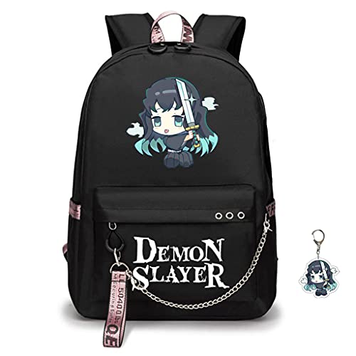 SodaMeow Demon Backpack Nezuko Anime Slayer Bag Kimetsu no Yaiba Kawaii Backpack with USB Charging Port, Free Keychain (A-Muichiro)