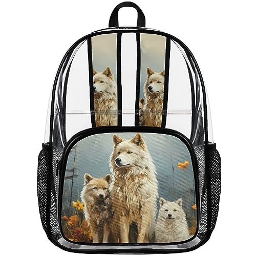 Tavisto White Wolf Clear Backpack with Cute Prints - Durable PVC Material, Comfortable Shoulder Straps, Large Capacity - Perfect for Students and Schools