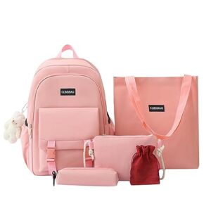 bulbasaur korean backpack 5pcs set daypack backpack large capacity backpack simplicity bookbag(pink)