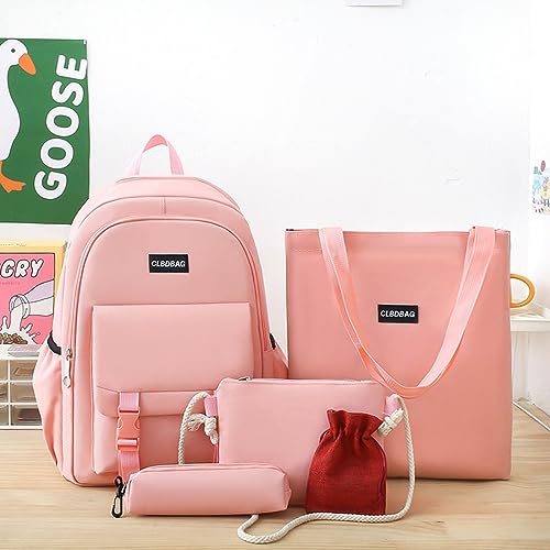 BULBASAUR Korean Backpack 5Pcs Set Daypack Backpack Large Capacity Backpack Simplicity Bookbag(Pink)