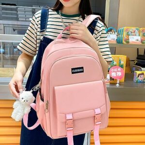 BULBASAUR Korean Backpack 5Pcs Set Daypack Backpack Large Capacity Backpack Simplicity Bookbag(Pink)