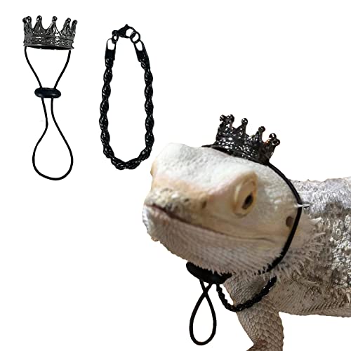 SEIS 2 Pcs Bearded Dragon Crown and Necklace Metal Lizard Outfit Halloween Small Animal Clothes Harness for Chameleon Gecko Anole Iguana Amphibians (Black)