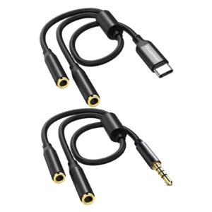 guamar audio splitter for headphones/mic (2 pack),usb c to 3.5mm audio jack adapter,headset 3.5mm y cable dual earphone jack aux stereo cord for 2 trrs microphones to pc,phone,tablet,laptop