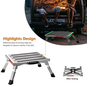 Soctone RV Step, Adjustable Height Folding Platform Step with Non-Slip Rubber Feet, Reflective Strips, Handle and Glow in The Dark Tape, Aluminum Step Stool Can Support Up to 1000lbs