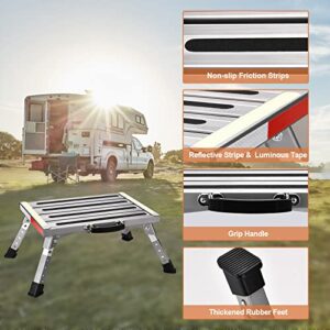 Soctone RV Step, Adjustable Height Folding Platform Step with Non-Slip Rubber Feet, Reflective Strips, Handle and Glow in The Dark Tape, Aluminum Step Stool Can Support Up to 1000lbs