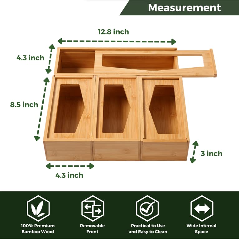 Baggie Organizer For Drawer | Bamboo Storage Containers, Fits Gallon Ziploc Bags, Saran Wrap, Foil Aluminum Roll, Plastic Bag Organizer | Kitchen Storage Containers Drawer Organizer Kitchen Utensils