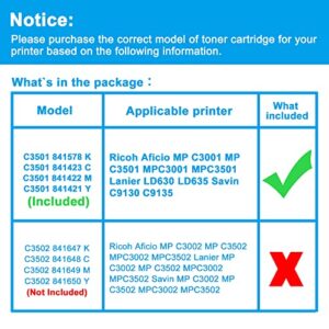 LCL Compatible Toner Cartridge Replacement for Ricoh 841578 841423 841422 841421 MP C3001 MPC3001 MP C3501 MPC3501 LD630 LD635 C9130 C9135 (4-Pack KCMY)