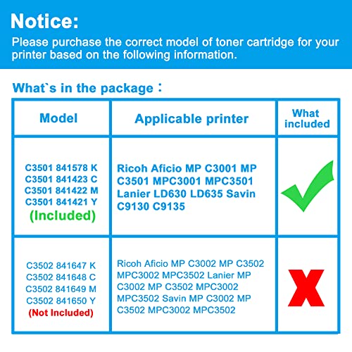 LCL Compatible Toner Cartridge Replacement for Ricoh 841578 841423 841422 841421 MP C3001 MPC3001 MP C3501 MPC3501 LD630 LD635 C9130 C9135 (4-Pack KCMY)