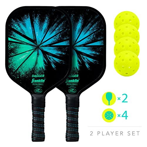 Franklin Sports Pickleball Paddle and Ball Set - (2) Dagger Fiberglass Pickleball Rackets + (4) X-40 Pickleballs - USA Pickleball (USAPA) Approved - 2 Player Pickleball Paddles + Balls Set