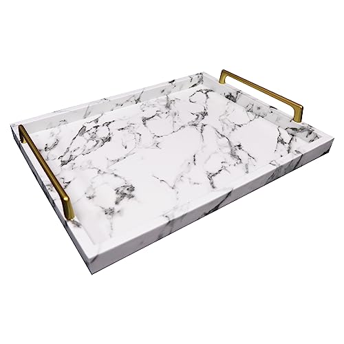 MCBZ Home furnishings, Serving Trays, Coffee Table Decorative Trays, Marbled Leather Trays, Gold Handle Storage Trays (White/Marbled)