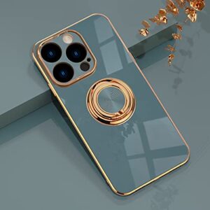 aowner for iphone 14 pro case with ring holder, 360 rotatable magnetic kickstand support car mount slim shockproof for women men protective phone case for iphone 14 pro 6.1", blue gray/gold