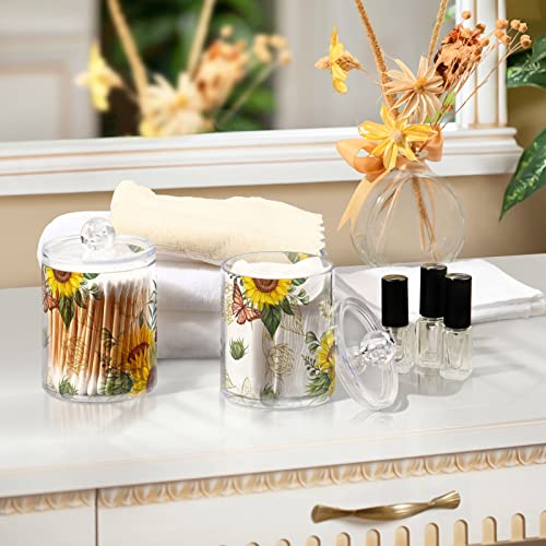 ALAZA Sunflower Butterfly Floral 4 Pack Qtip Holder Dispenser with Lid 14 Oz Clear Plastic Apothecary Jar Containers Jars Bathroom for Cotton Swab, Ball, Pads, Floss, Vanity Makeup Organizer