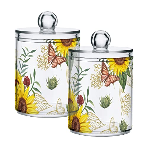 ALAZA Sunflower Butterfly Floral 4 Pack Qtip Holder Dispenser with Lid 14 Oz Clear Plastic Apothecary Jar Containers Jars Bathroom for Cotton Swab, Ball, Pads, Floss, Vanity Makeup Organizer