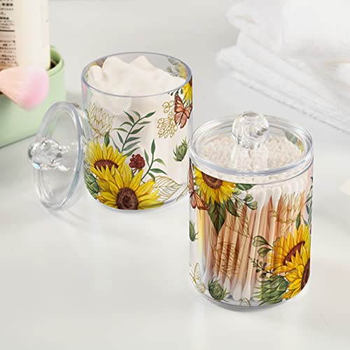 ALAZA Sunflower Butterfly Floral 4 Pack Qtip Holder Dispenser with Lid 14 Oz Clear Plastic Apothecary Jar Containers Jars Bathroom for Cotton Swab, Ball, Pads, Floss, Vanity Makeup Organizer