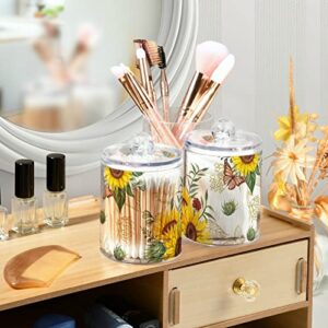 ALAZA Sunflower Butterfly Floral 4 Pack Qtip Holder Dispenser with Lid 14 Oz Clear Plastic Apothecary Jar Containers Jars Bathroom for Cotton Swab, Ball, Pads, Floss, Vanity Makeup Organizer