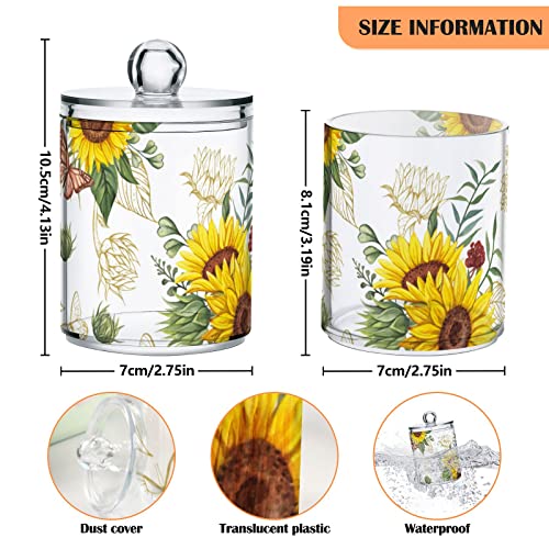 ALAZA Sunflower Butterfly Floral 4 Pack Qtip Holder Dispenser with Lid 14 Oz Clear Plastic Apothecary Jar Containers Jars Bathroom for Cotton Swab, Ball, Pads, Floss, Vanity Makeup Organizer