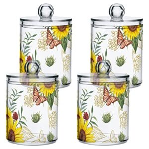 ALAZA Sunflower Butterfly Floral 4 Pack Qtip Holder Dispenser with Lid 14 Oz Clear Plastic Apothecary Jar Containers Jars Bathroom for Cotton Swab, Ball, Pads, Floss, Vanity Makeup Organizer