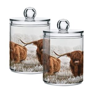 Scottish Highland Cow Qtip Dispenser Apothecary Jars Qtips Holder Bathroom Storage Canister Plastic Jar 10 Oz for Cotton Ball Swab Round Pads Floss 2pcs