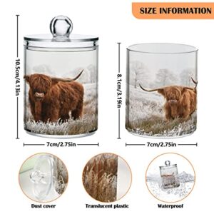 Scottish Highland Cow Qtip Dispenser Apothecary Jars Qtips Holder Bathroom Storage Canister Plastic Jar 10 Oz for Cotton Ball Swab Round Pads Floss 2pcs